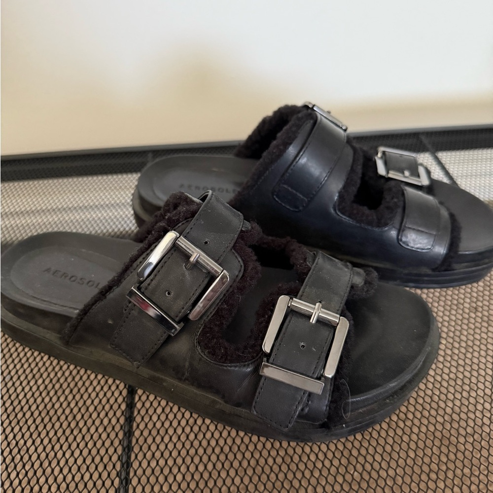 Black Buckle Slide Sandals